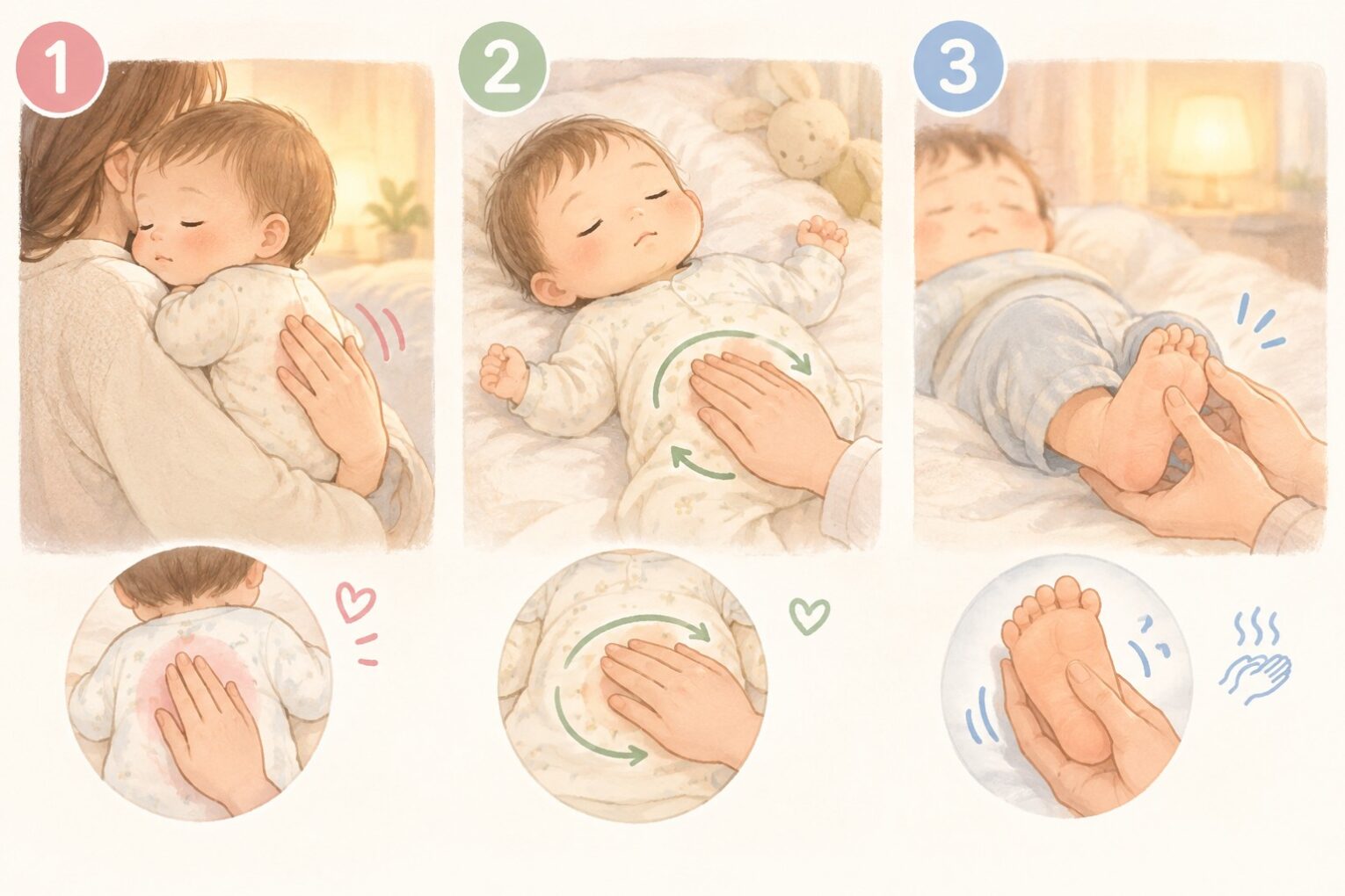 夜泣きのとき「まず触れる3か所」
